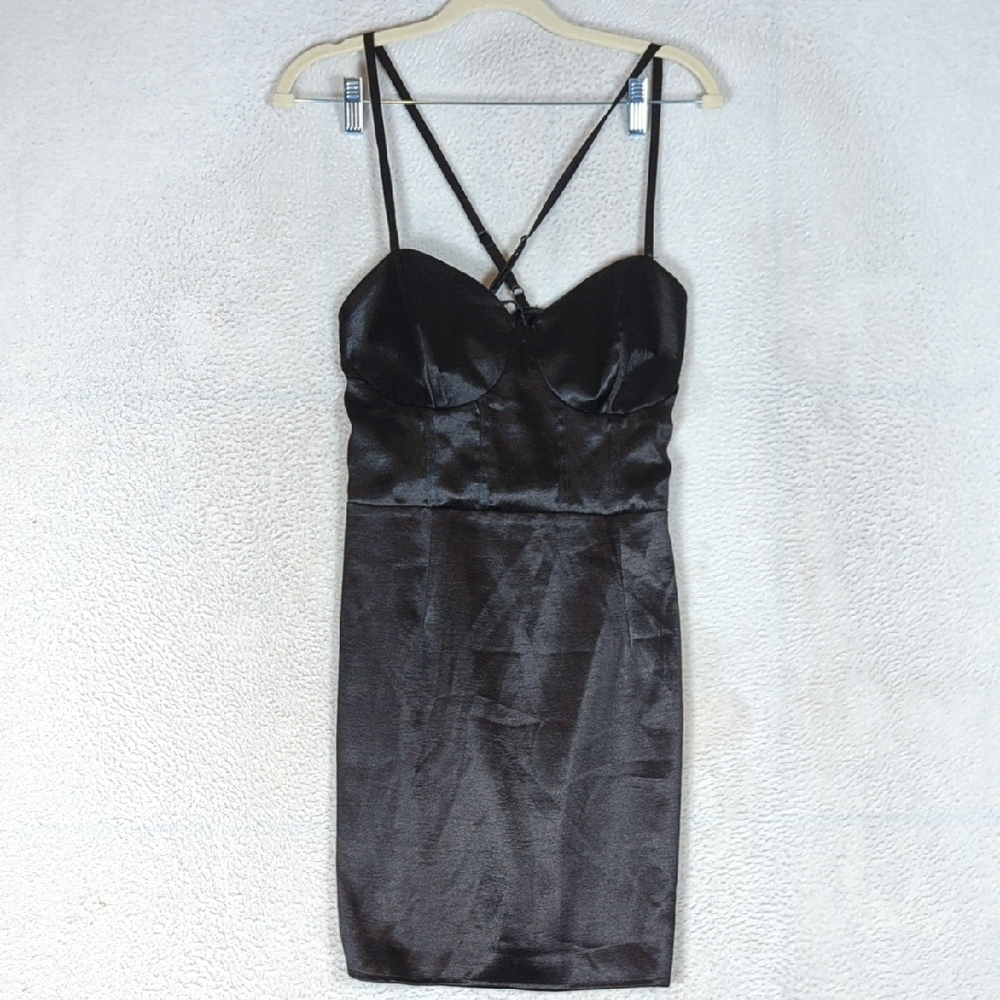 Wild Fable Junior's Black Satin‎ Lace Up Cross Back Dress Size M